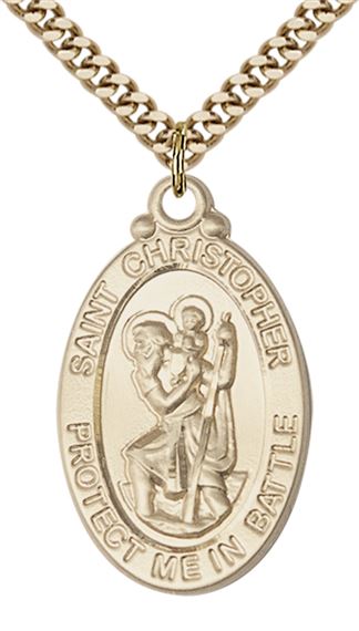 14KT GOLD FILLED ST CHRISTOPHER PENDANT ON A CHAIN - 1 1/8" x 1 1/4"